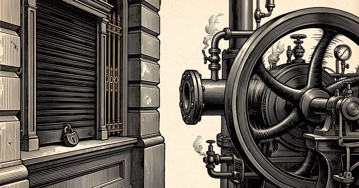 A wood engraving. On the left a bank counter, its iron shutter rolled down and padlocked. On the right a great flywheel and its pipework, running under steam. Between them a bolted pipe flange reaches out of the engine toward the wall and stops short, and the gap is the brightest thing in the picture.