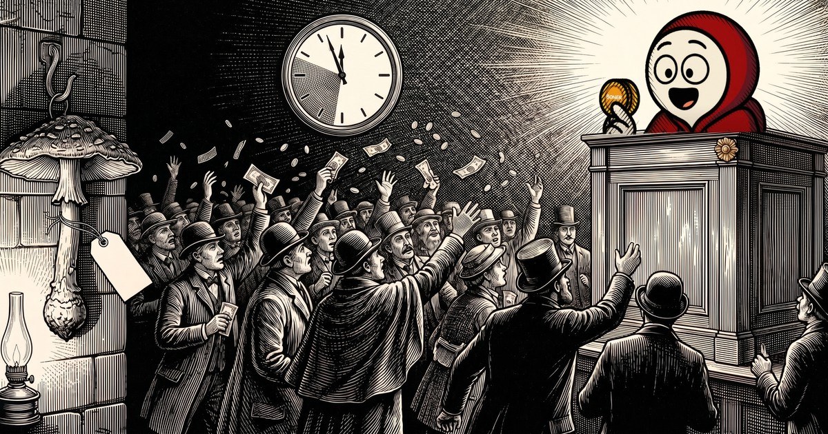 A wood engraving. A crowded auction room at night. On the right, on the rostrum under a burst of light, the BONER mascot, engraved but in colour, holds up its coin to a crowd waving banknotes and throwing coins. On the back wall a large clock with a hatched wedge from eight to twelve, the hand a few minutes short of twelve. On the left, in shadow, a dried mushroom hangs alone from a hook on the wall with a paper tag tied to its stem, next to an oil lamp. Nobody is looking at the mushroom.