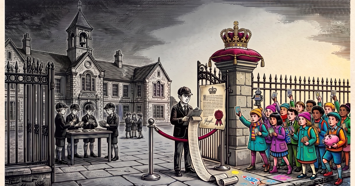 Woodcut plate. An old schoolyard in gray under a heavy sky: a few uniformed boys, all alike, swap trading cards at a table. At the open gate, a hall monitor in a cap blocks the way with a red velvet rope and checks a list so long it unrolls onto the ground. A parchment charter with a red wax seal hangs on the gate, and on top of the stone gatepost a golden crown rests on a cushion, with nobody under it. Outside, in color and in sunlight, a crowd of children dressed in every color presses against the bars with their own trading cards, a toy robot and a pink piggy bank; chalk drawings at their feet.