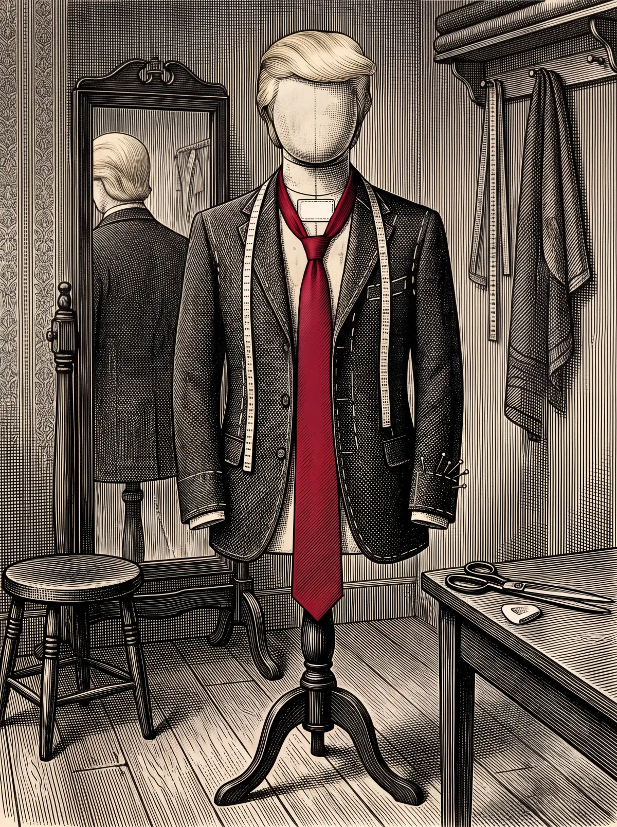 Wood engraving. A tailor's dummy on a tripod stand wears a bespoke dark suit with basting stitches, chalk fitting marks and pins still in the cuff, a tape measure over its shoulders and a long red necktie hanging below the waist. Above the collar there is no face, only the blank canvas dome of the dummy, with a pale blond swept comb-over resting on it like a wig. The label at the open collar is blank. A pier mirror behind reflects the back of the head.