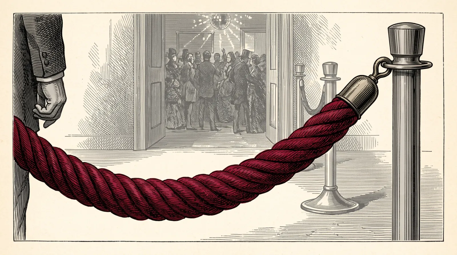 Wood engraving. A close view of a deep red velvet rope hanging in a slack curve across the frame, engraved thread by thread, its brass end hook clipped into the ring of a polished stanchion post at the right. At the left edge, cropped, the sleeve and hand that has just clipped it. Behind the rope, small and in flat grey, an open doorway with a crowd inside under the scatter of a mirror ball.